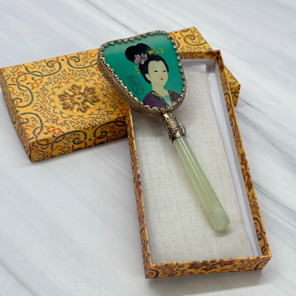 Vintage Chinese Hand Mirror Jade Stone Handle Painted Lady Original Box